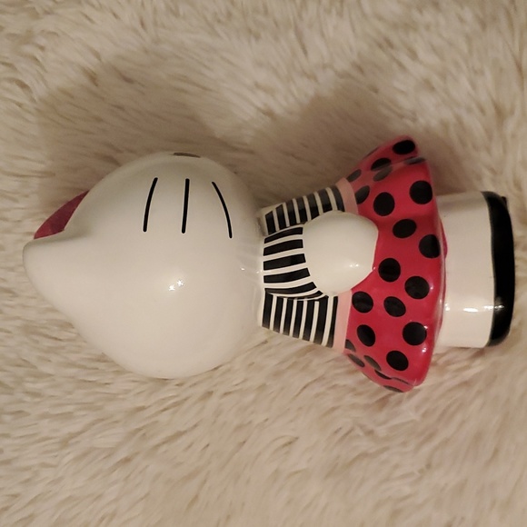 Hello Kitty Ceramic Coin Bank 8" Tall. Pink Polka Dot Skirt, Striped Blouse - Picture 3 of 10